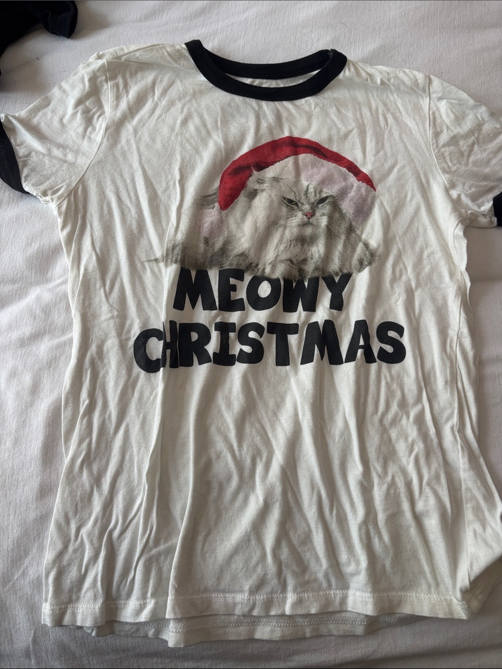 Stranded White Ringer Tee with Black Trim and Red Santa Hat Cat Graphic